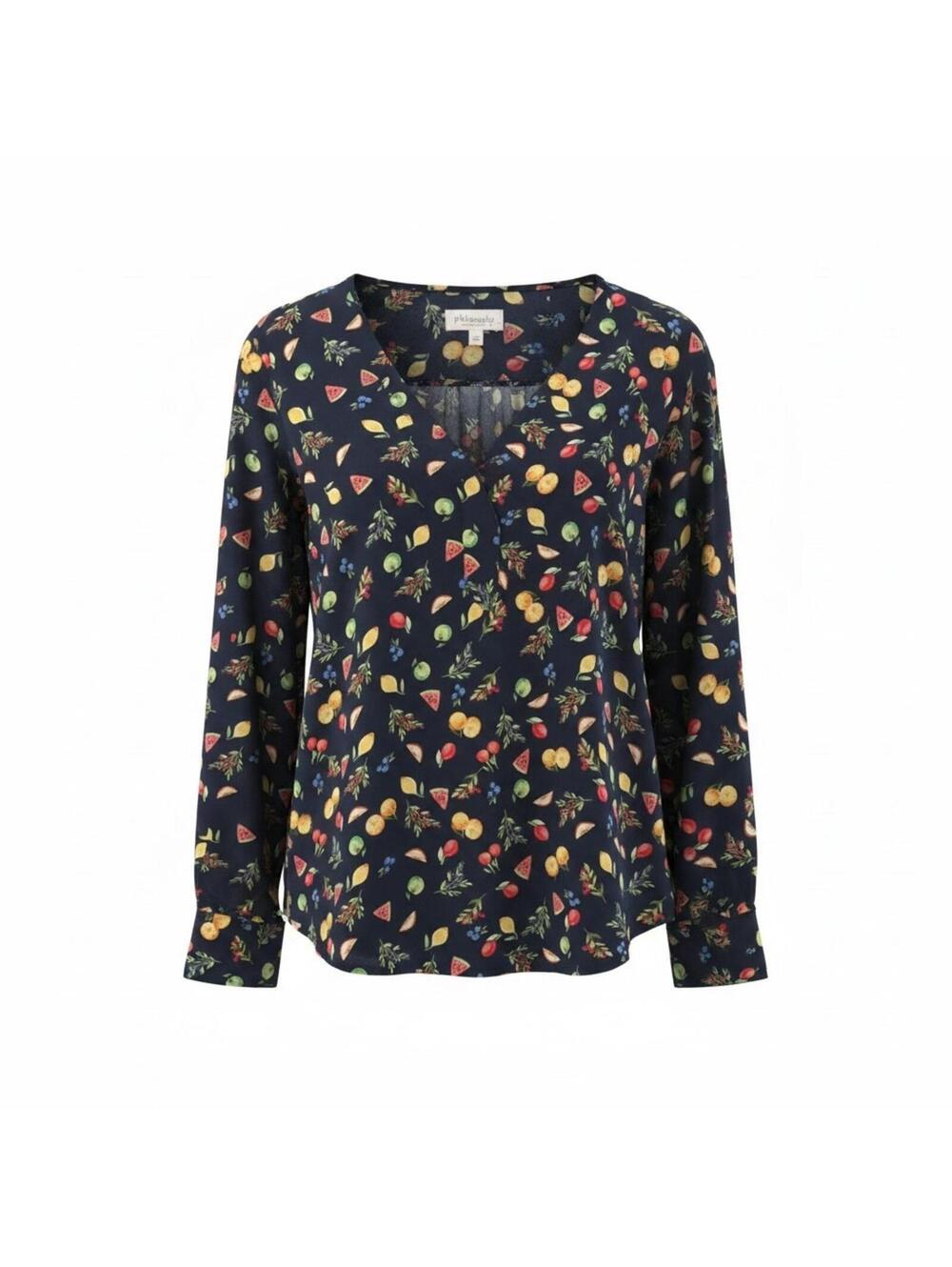 Philosophy Fruit V-Neck Flowy Blouse Chiffon Semi-sheer
